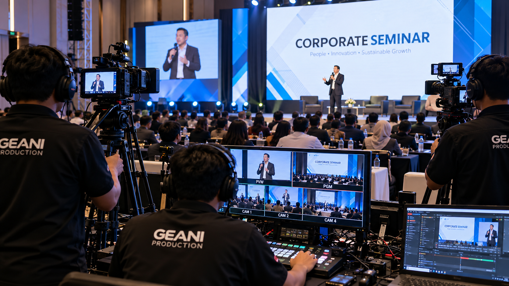 Produksi multicamera dan live streaming seminar perusahaan oleh Geani Production